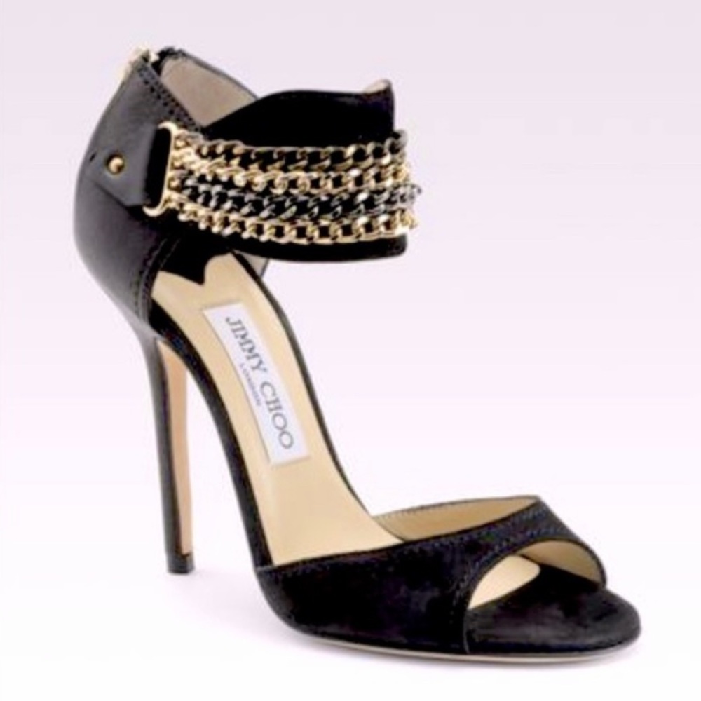 Jimmy Choo Black Suede Chain-Ankle Stiletto Sandals